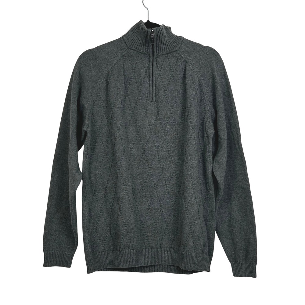 Claiborne Quarter Zip Sweater Mens Large Gray Diamond Textured Knit Pullover